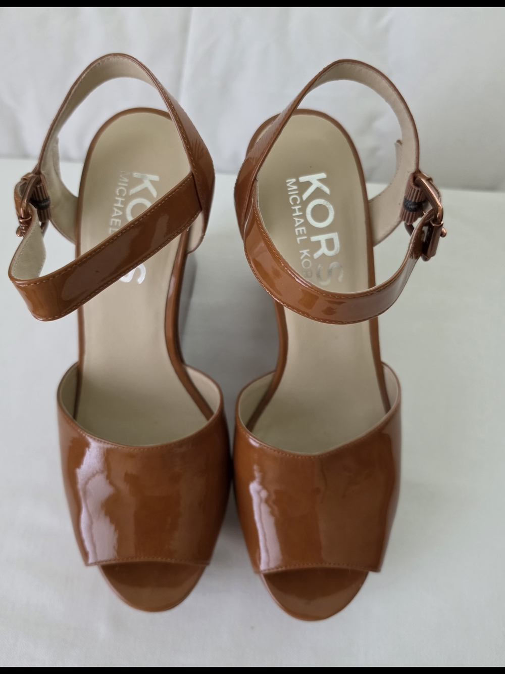 Michael Kors Cognac Patent Leather Peep-Toe Ankle-Strap Heels